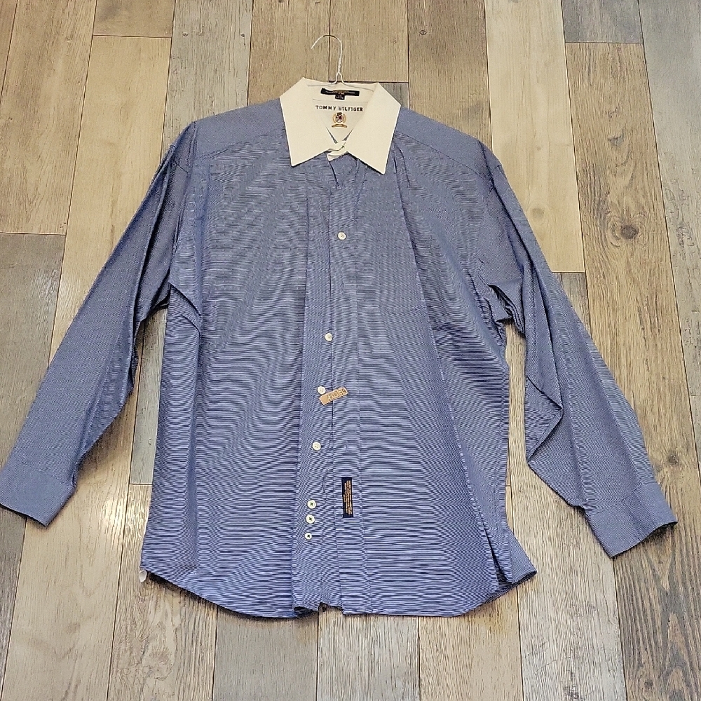 Tommy Hilfiger Striped Blue Dress Shirt with White Collar